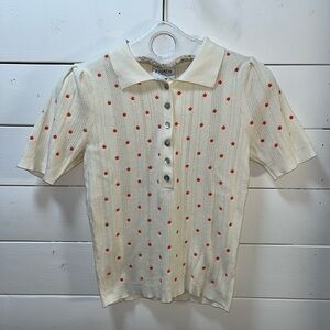 FRNCH PARIS Ivory Knit Polo Top with Orange Floral Details – Size M